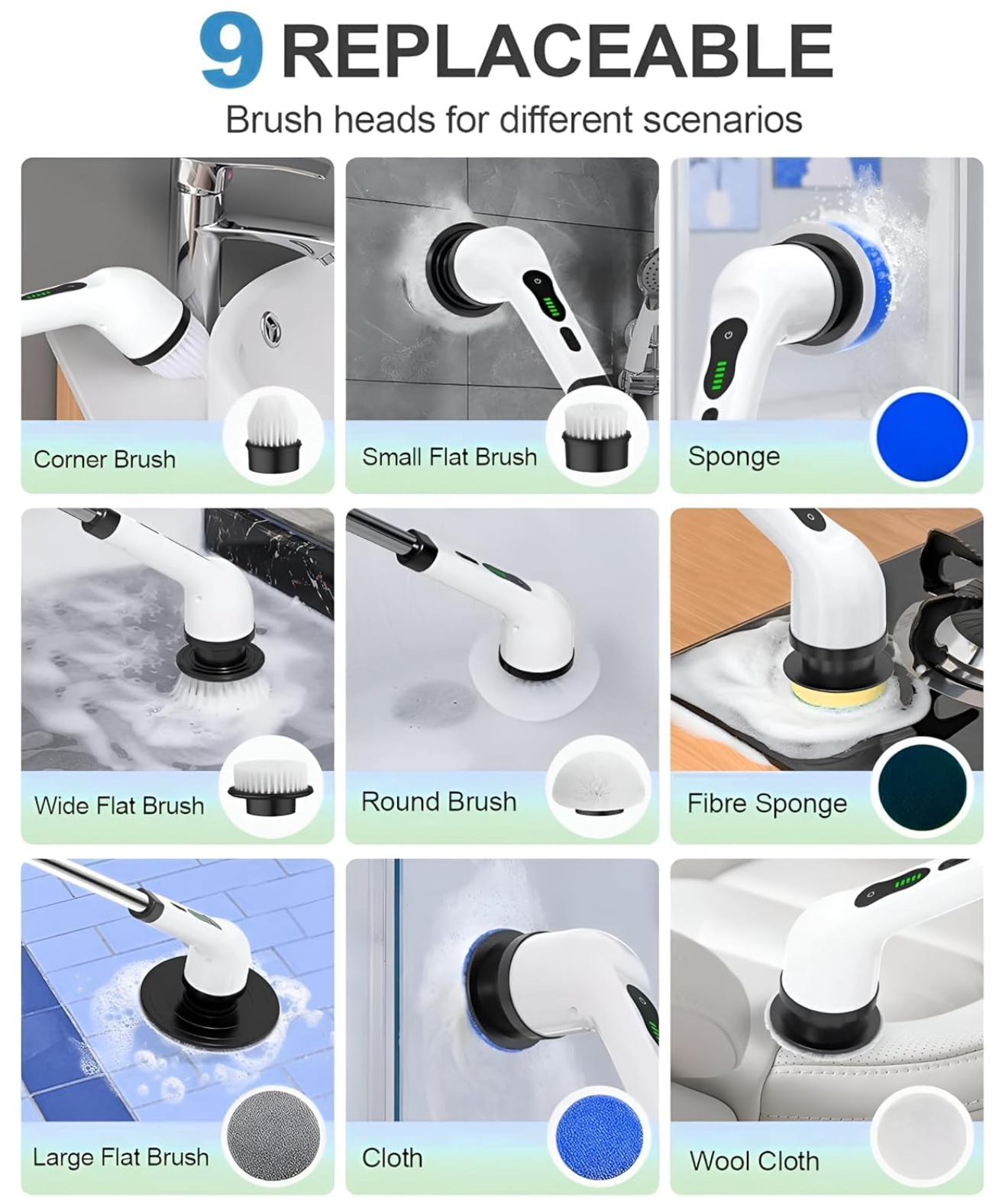 Nexora™ 9-in-1 Cordless Electric Spin Scrubber – White & Black