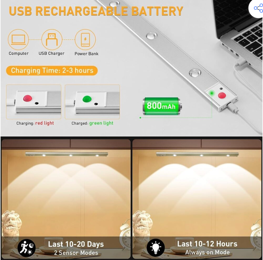 Nexora™ Under Cabinet Light – Motion Activated, Dimmable, USB Rechargeable